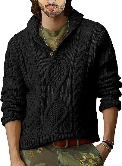 Mens Shawl Collar Pullover Sweater Cable Knitted Cotton Slim Fit Ribbed Chunky Winter Thermal Twisted Sweaters